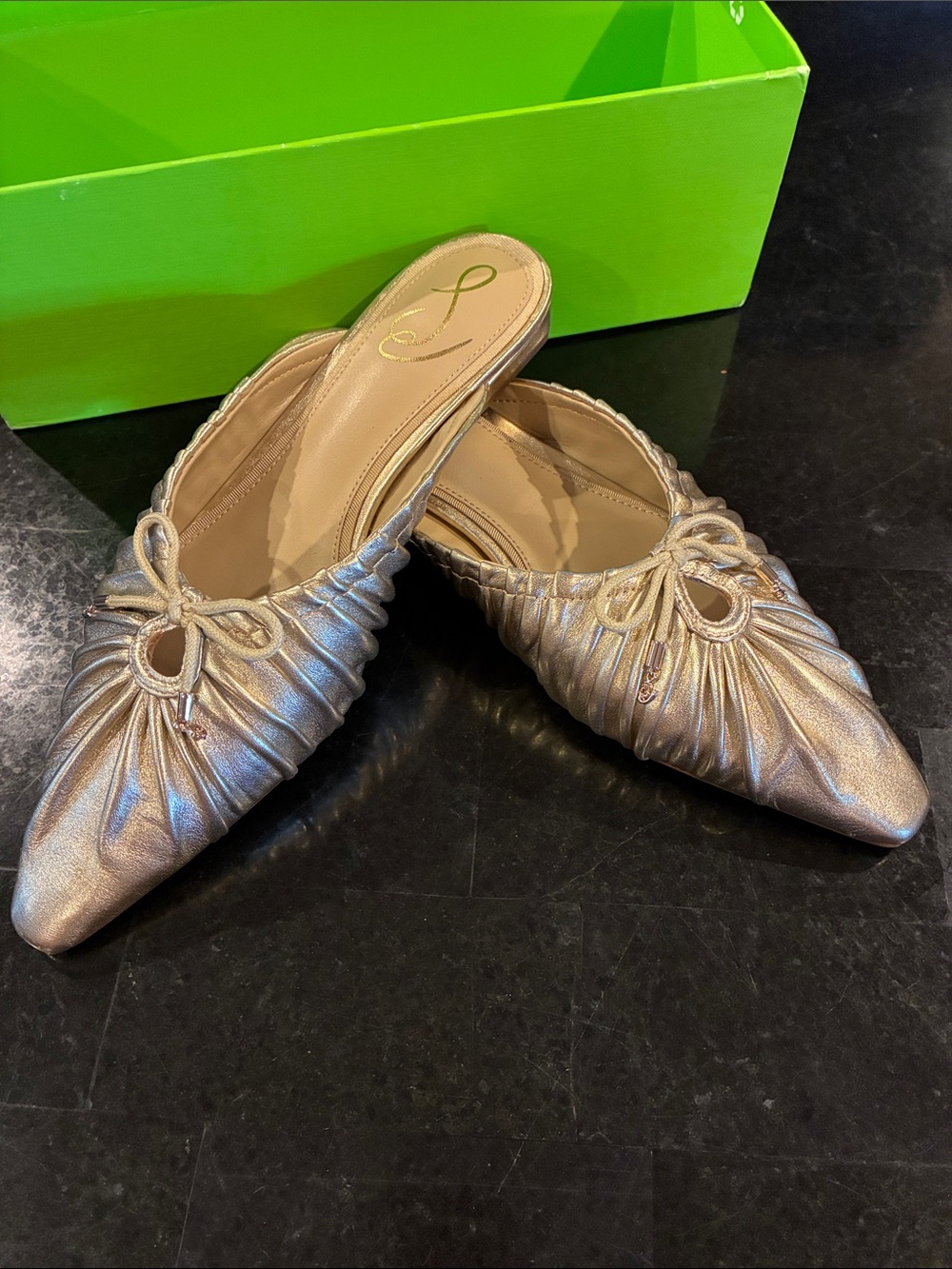 Sam Edelman Metallic Gold Pointed Mule Flats with Bow NWT 7.5